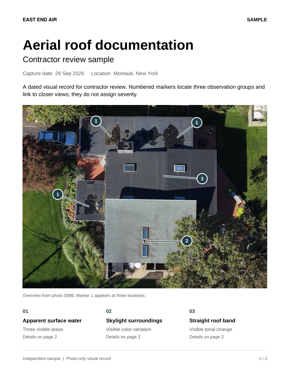 First page of the East End Air sample report with a roof overview and three observation groups